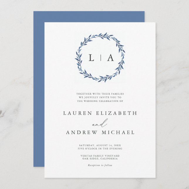 Simple Rustic Dusty Blue Modern Greenery Wedding Invitation (Front/Back)