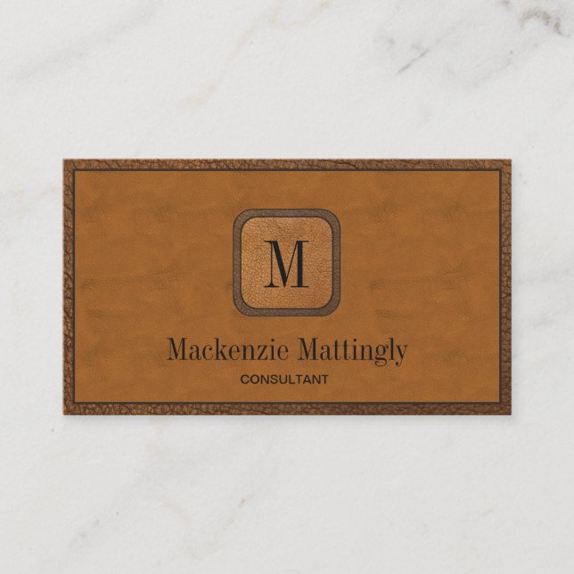 Simple Rustic Elegant Vintage Leather Monogram Business Card (Front)