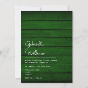 Simple Rustic Emerald Green Wood Wedding Invitation