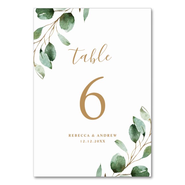 Simple Rustic Eucalyptus Greenery Gold Wedding Table Number (Front)