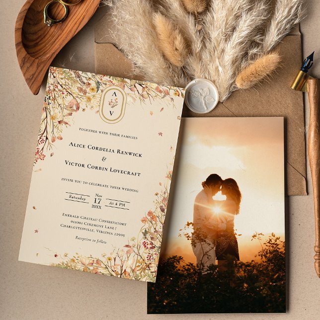 Simple Rustic Fall Beige Wedding Monogram Photo Invitation (Creator Uploaded)