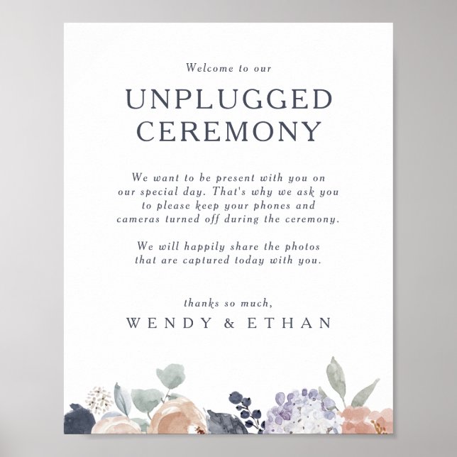 Simple Rustic Floral Unplugged Ceremony Sign (Front)