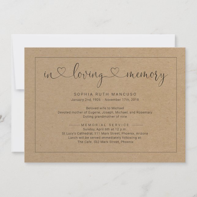 Simple Rustic Funeral Announcement Invitation (Front)