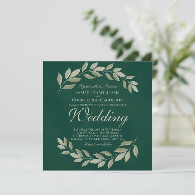 Simple Rustic Garden Leaves Emerald Green Wedding Invitation (Standing Front)