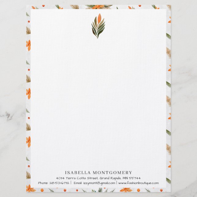 Simple Rustic Greenery Floral | Monogram Custom Letterhead (Front)