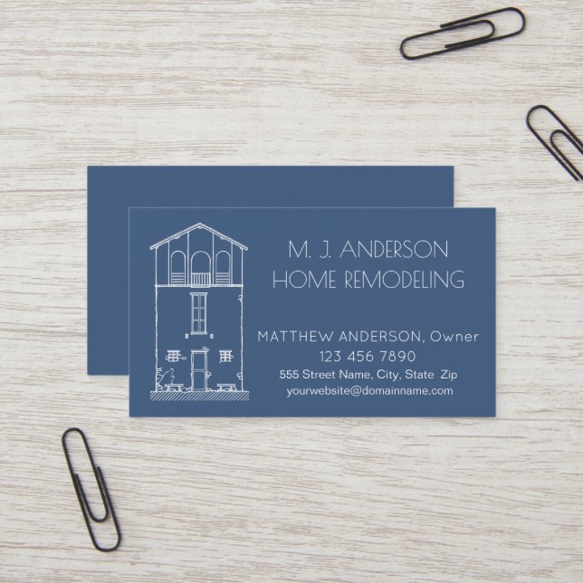 Simple Rustic House Blueprint  Professional Navy Business Card (Front/Back In Situ)