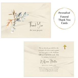 Simple Rustic Leaves Parchment Orthodox Funeral Thank You Card
