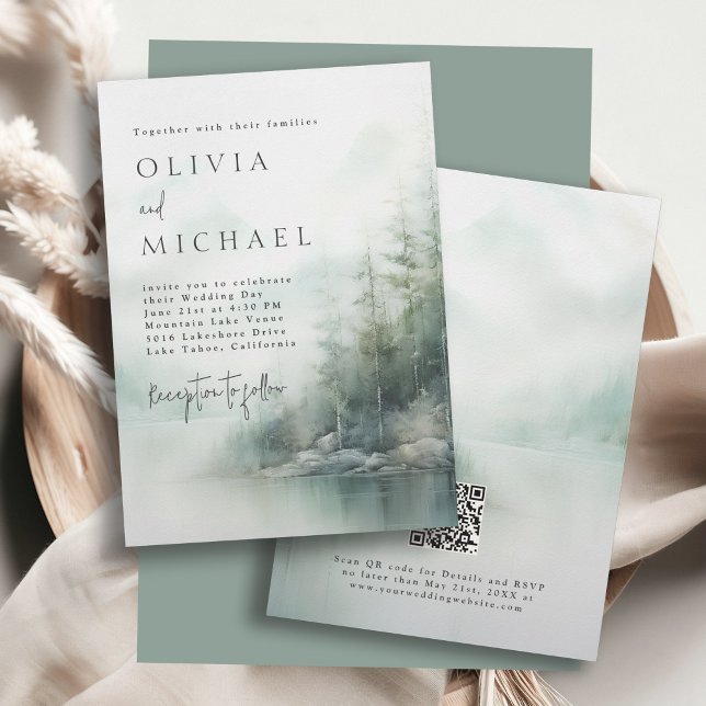 Simple Rustic Mountain Lake Misty Pines Wedding Invitation (Available in both printed and instant download digital formats.)