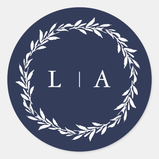 Simple Rustic Navy Blue Modern Greenery Classic Round Sticker (Front)