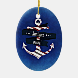 Simple Rustic Navy Blue Nautical Anchor Print Ceramic Ornament
