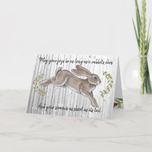 Simple Rustic Rabbit Leaf Wood Christmas New Years Holiday Card