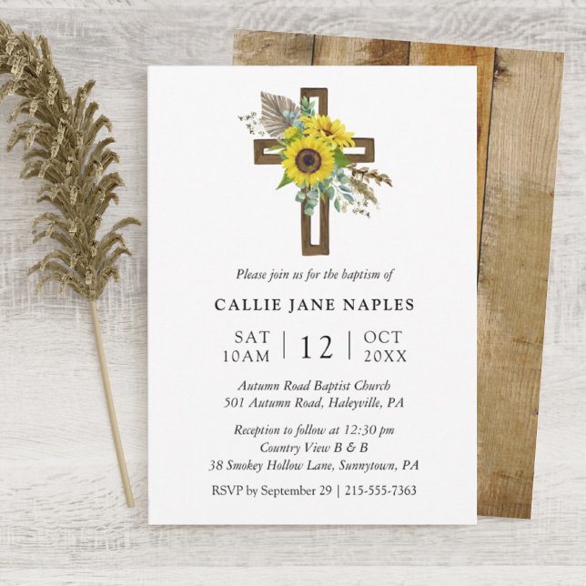 Simple Rustic Sunflower Wooden Cross Baptism Invitation (Creator Uploaded)