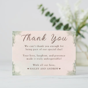 Simple Rustic Watercolor Peach and Green Wedding Thank You Card