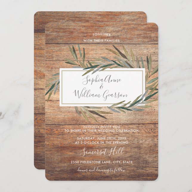 Simple Rustic Wedding Barn Wood & Watercolor Herb Invitation (Front/Back)