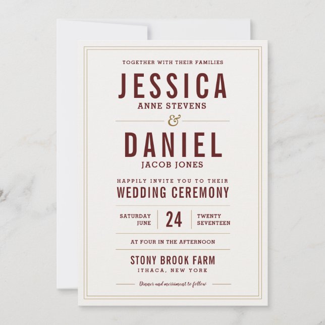 Simple Rustic Wedding Invitation Maroon Text (Front)