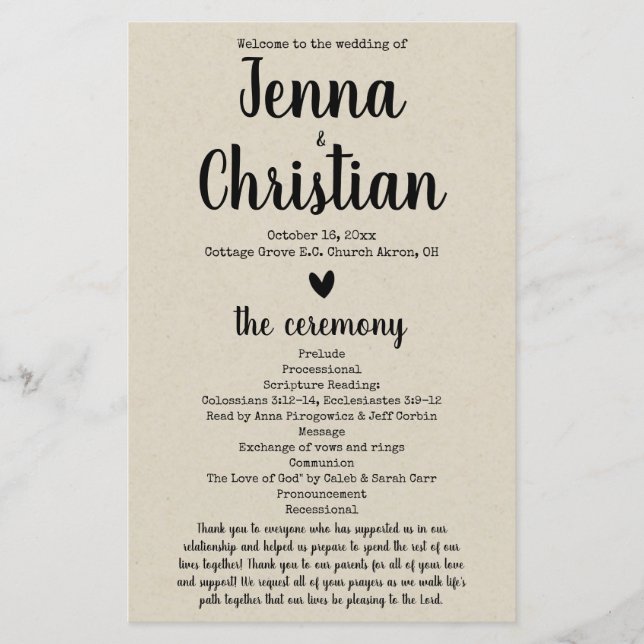 Simple Rustic Wedding Program (Front)