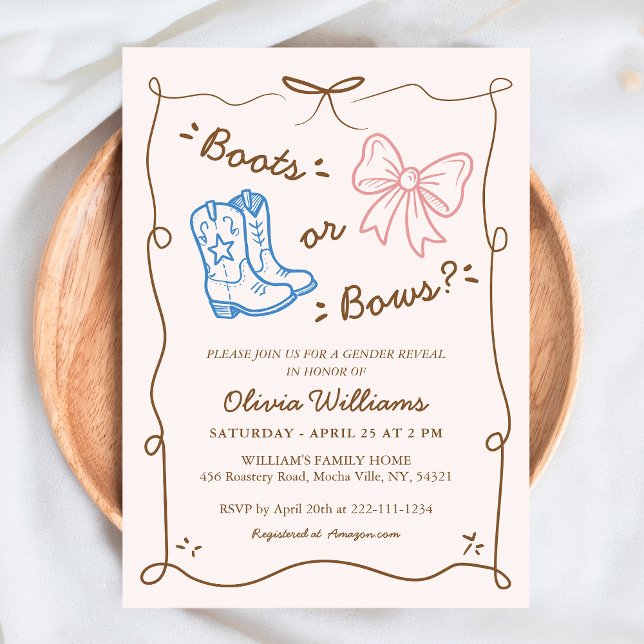 Simple Rustic Western Boots or Bows Gender Reveal  Invitation (Creator Uploaded)