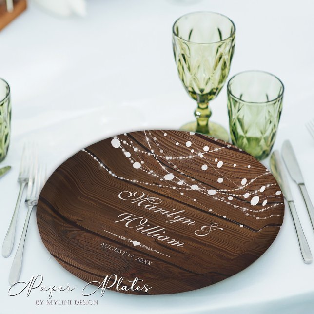 Simple Rustic Wood and String Lights Wedding Paper Plate (Creator Uploaded)