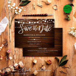 Simple Rustic Wood and String Lights Wedding Save The Date