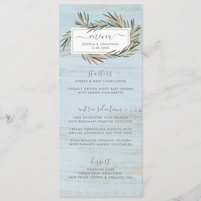 Simple Rustic Wood Botanical Herb Wedding Menu (Front)