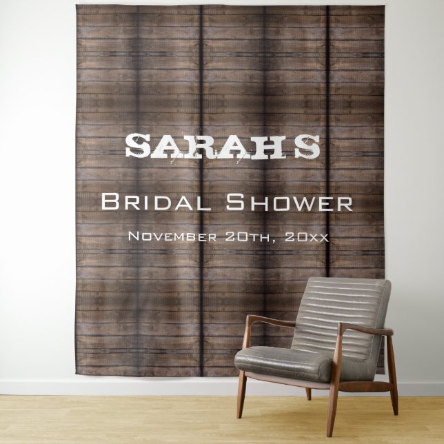 Simple Rustic Wood Bridal Shower Backdrop Tapestry (In Situ)