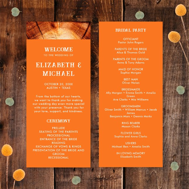 Simple Rustic Wood Cut Slice Wedding Bridal Party Program (Front/Back)
