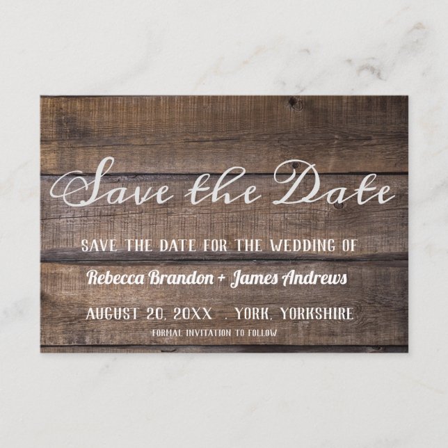 Simple Rustic Wood Save the Date Announcement (Front)