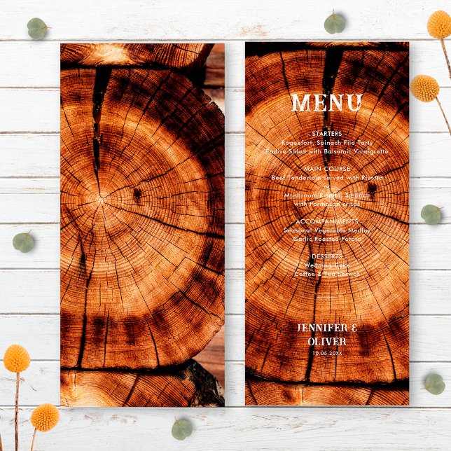 Simple Rustic Wood Slice Wedding Menu (Front/Back)