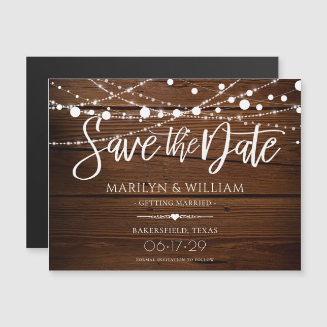 Simple Rustic Wood String Lights Save The Date (Front/Back)