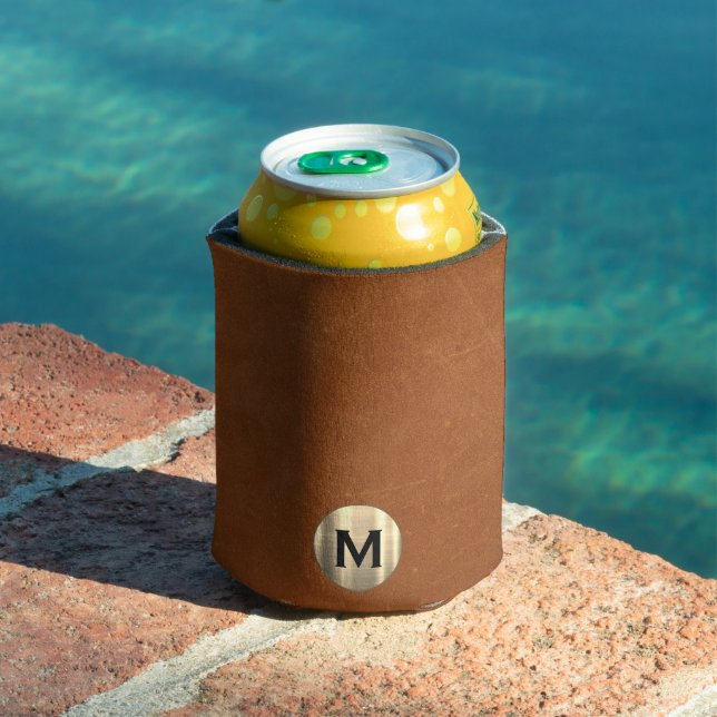 Simple Sable Leather Gold Monogram Can Cooler (In Situ Pool)