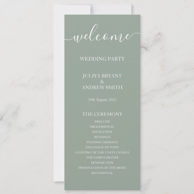 Simple saga green script wedding  Program card (Front)