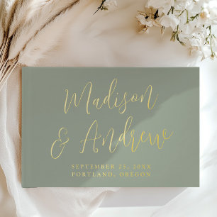 Simple Sage and Gold Foil Script Photo Wedding Guest Book