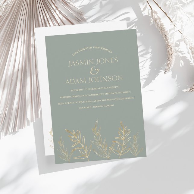 Simple Sage Green and Gold Leaves Wedding Invitation (Creator Uploaded)