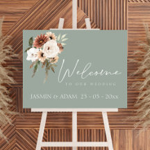 Simple Sage Green and Peach Flowers Wedding Sign