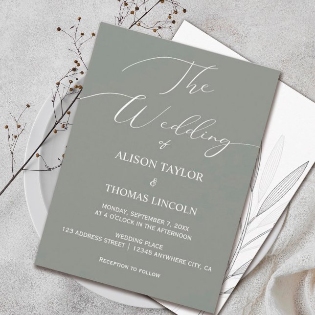 Simple Sage Green and White Calligraphy Invitation (#whimsical #floral #rustic #simplelightgreen #romantic #modern #weddinginvitation)