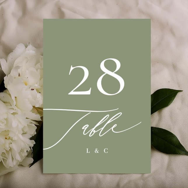 Simple Sage Green and White Modern Calligraphy Table Number (Creator Uploaded)