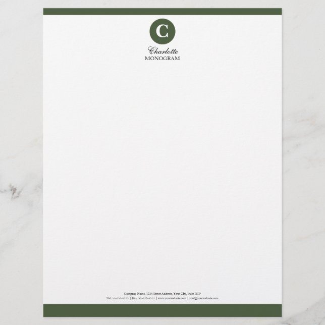 Simple Sage Green and White Monogram Letterhead (Front)
