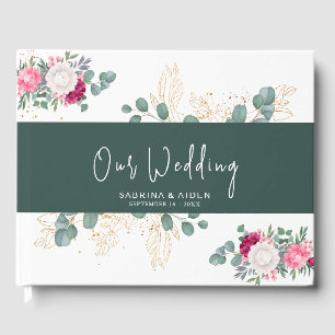 Simple Sage Green   Bllush Pink Floral Wedding Guest Book