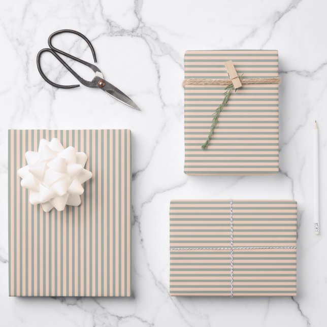 Simple Sage Green Blush Pink Striped Pattern Wrapping Paper Sheet (Front)