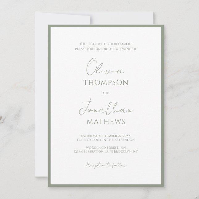 Simple Sage Green Border Script Wedding Invitation (Front)