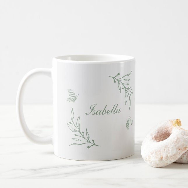 Simple sage green botanical  coffee mug (With Donut)