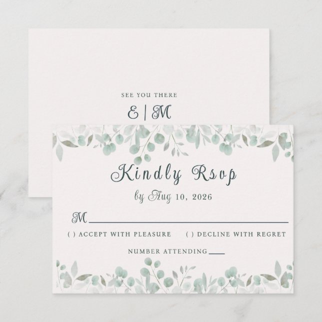 Simple Sage Green Botanical Minimalist Wedding RSVP Card (Front/Back)