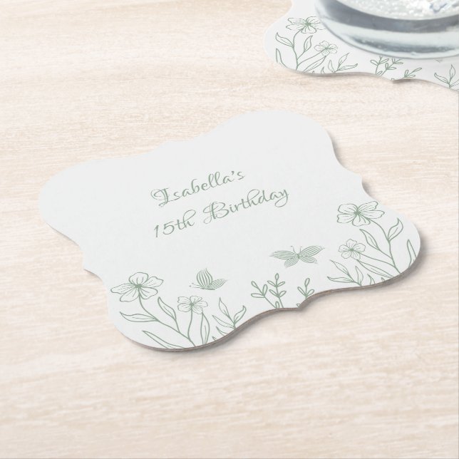 Simple sage green botanical wedding  paper coaster (Angled)
