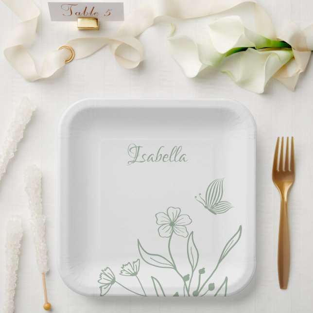 Simple sage green botanical wedding  paper plate (Wedding)