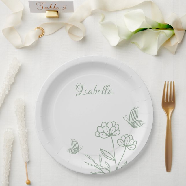 Simple sage green botanical wedding  paper plate (Wedding)