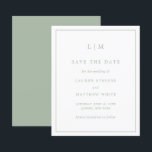 Simple Sage Green Budget Wedding Save the Date<br><div class="desc">Simple budget save the date featuring a modern yet elegant design with your two letter monogram at the top and your wedding details surrounded by a thin border. All design elements are in sage green and may be changed in the design editing tool. A chic and stylish design that is...</div>