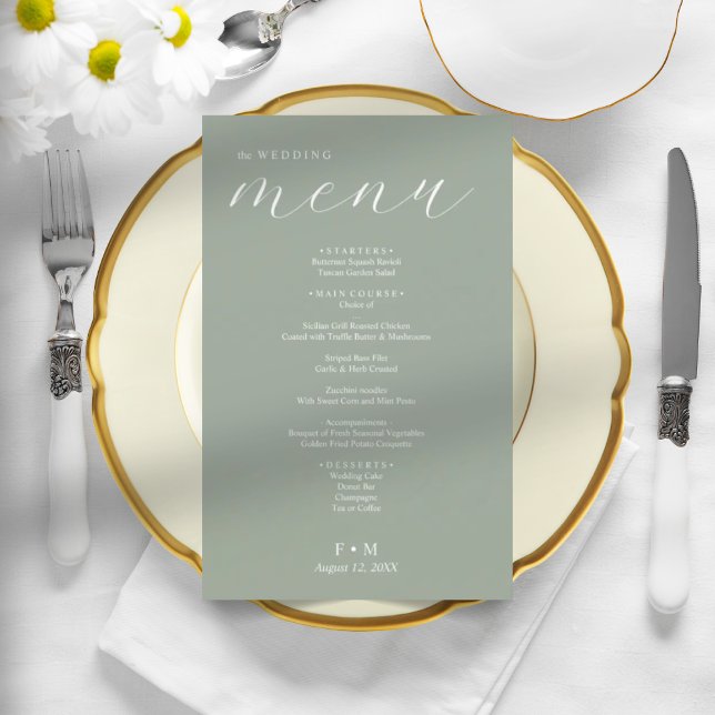 Simple sage green calligraphy elegant wedding menu (Creator Uploaded)