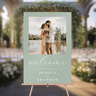 Simple Sage Green Chic Photo Wedding Welcome Acrylic Sign