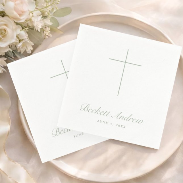 Simple Sage Green Cross Script Baptism Napkin (Simple Sage Green Cross Script Baptism, Christening or First Holy Communion Napkins.)