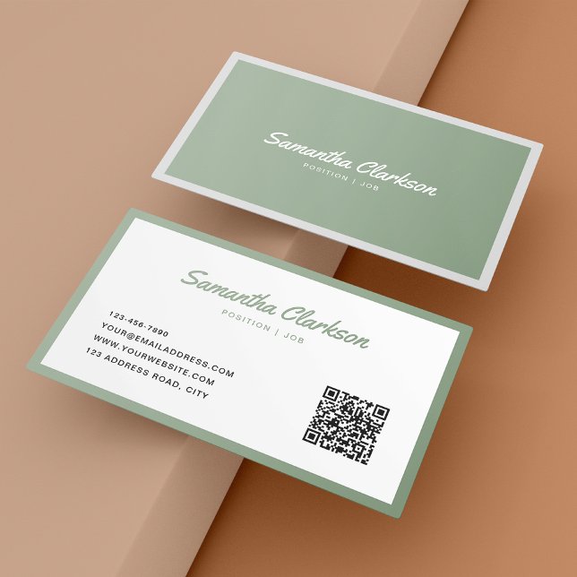 Simple Sage Green Cursive Script Border QR Code Business Card (Creator Uploaded)